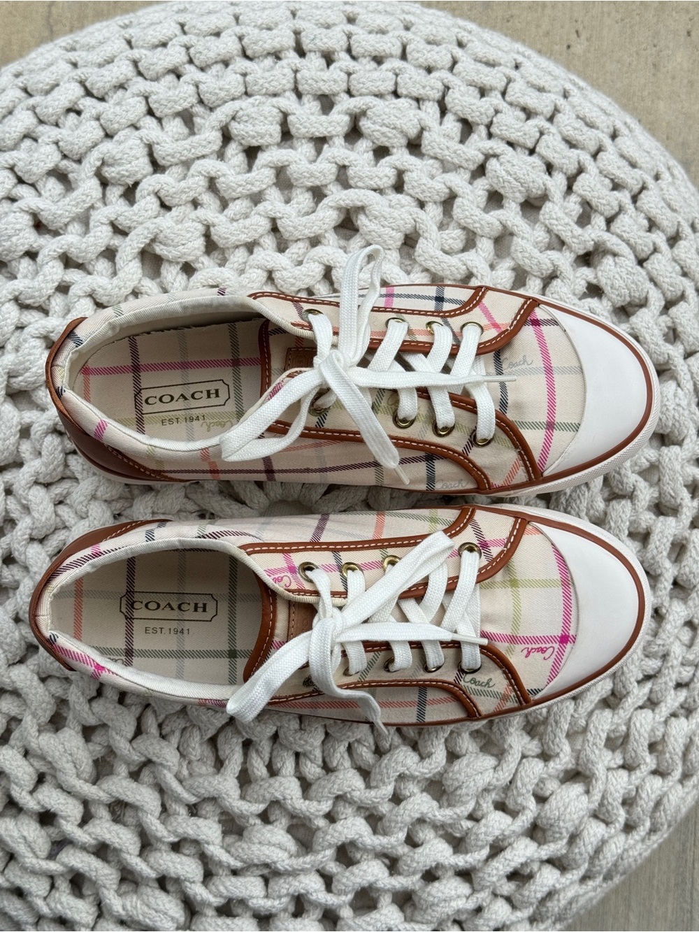 Coach Barrett Plaid Canvas Sneakers Women’s Size 10M Brown Trim Lace Up Shoes - Picture 4 of 13